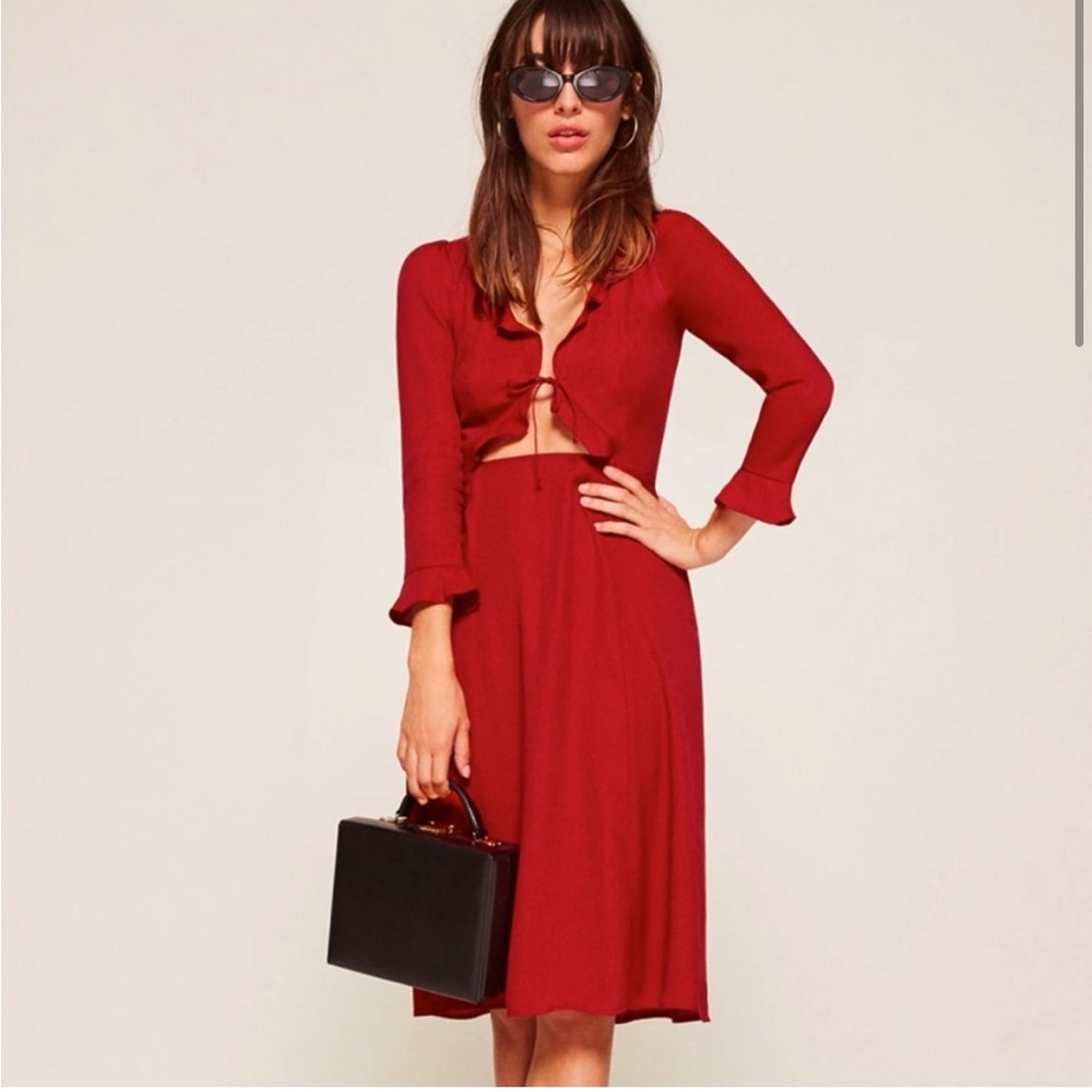 Reformation Heidi Crimson Red Ruffle Adjustable Bodice Tie Midi Dress